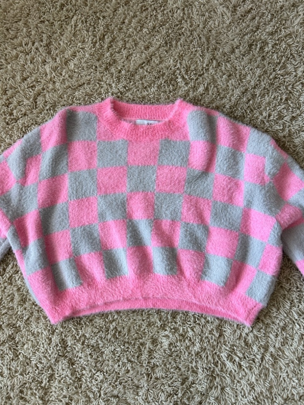 Adika Pink and Gray Checkered Crewneck Sweater